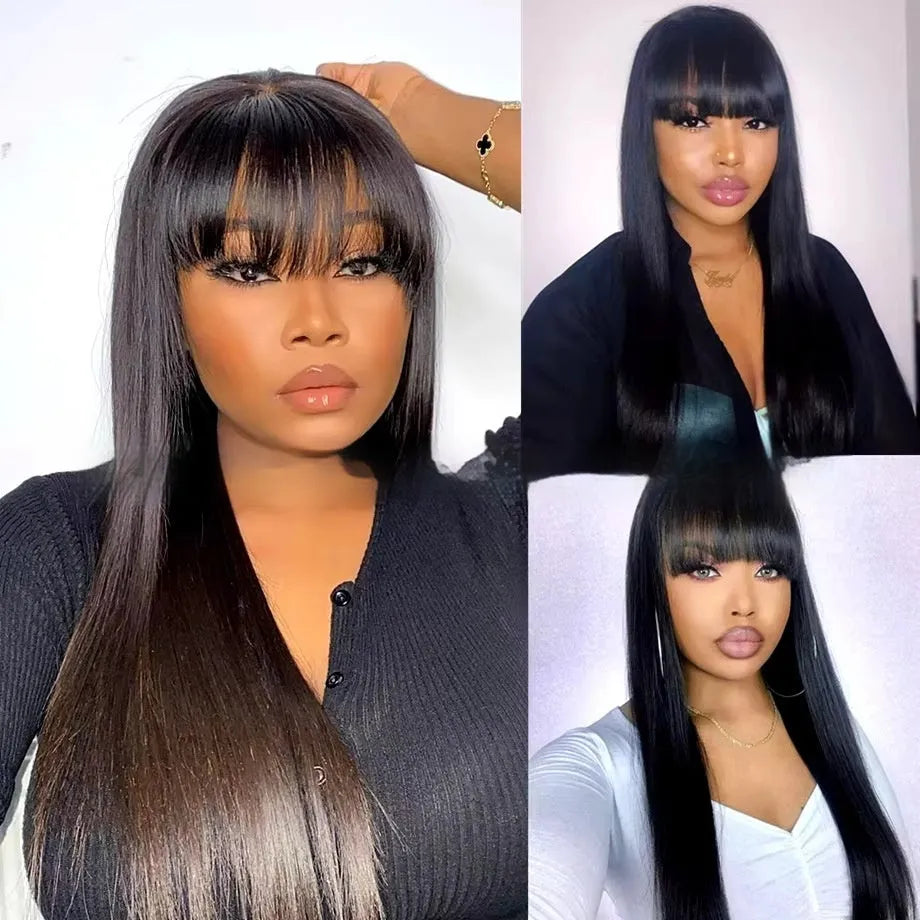 Natural colour human hair wig with straight fringe on a full-mechanism headgear cap.