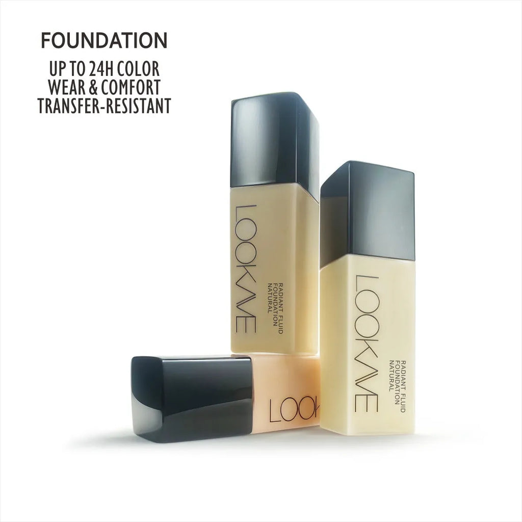 LOOKAVE Matte Liquid Foundation bottle in Ivory White, 21g net content, shown with LK63C shade range.