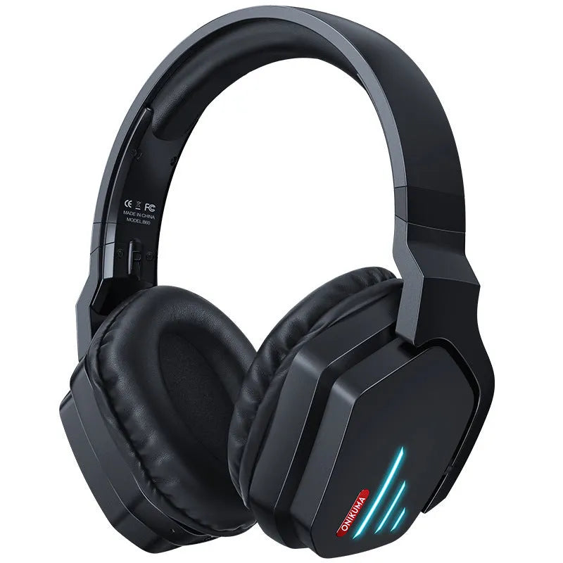 Luminous black wireless headphones with head-mounted design for gaming and music