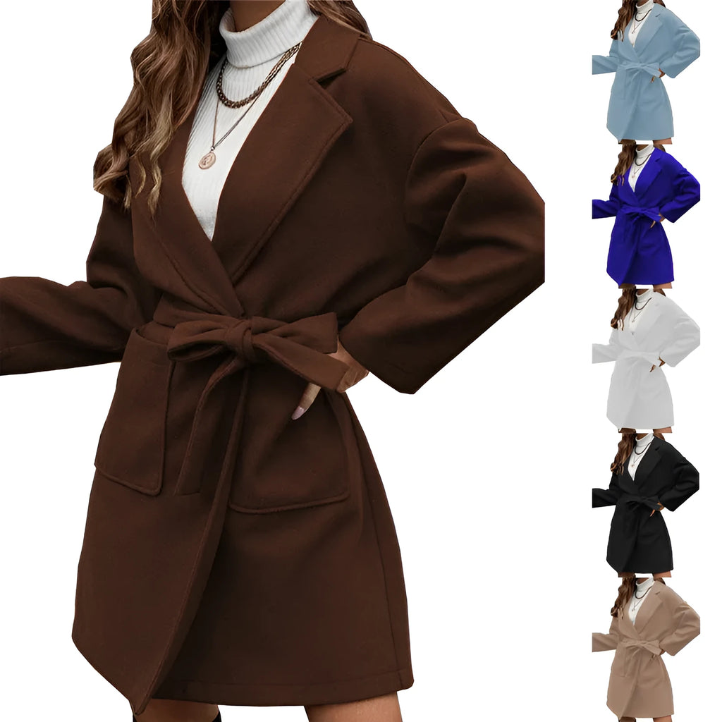 Minimalist long sleeve casual coat with lapel buttons and a split belt in a loose Japanese Korean style.