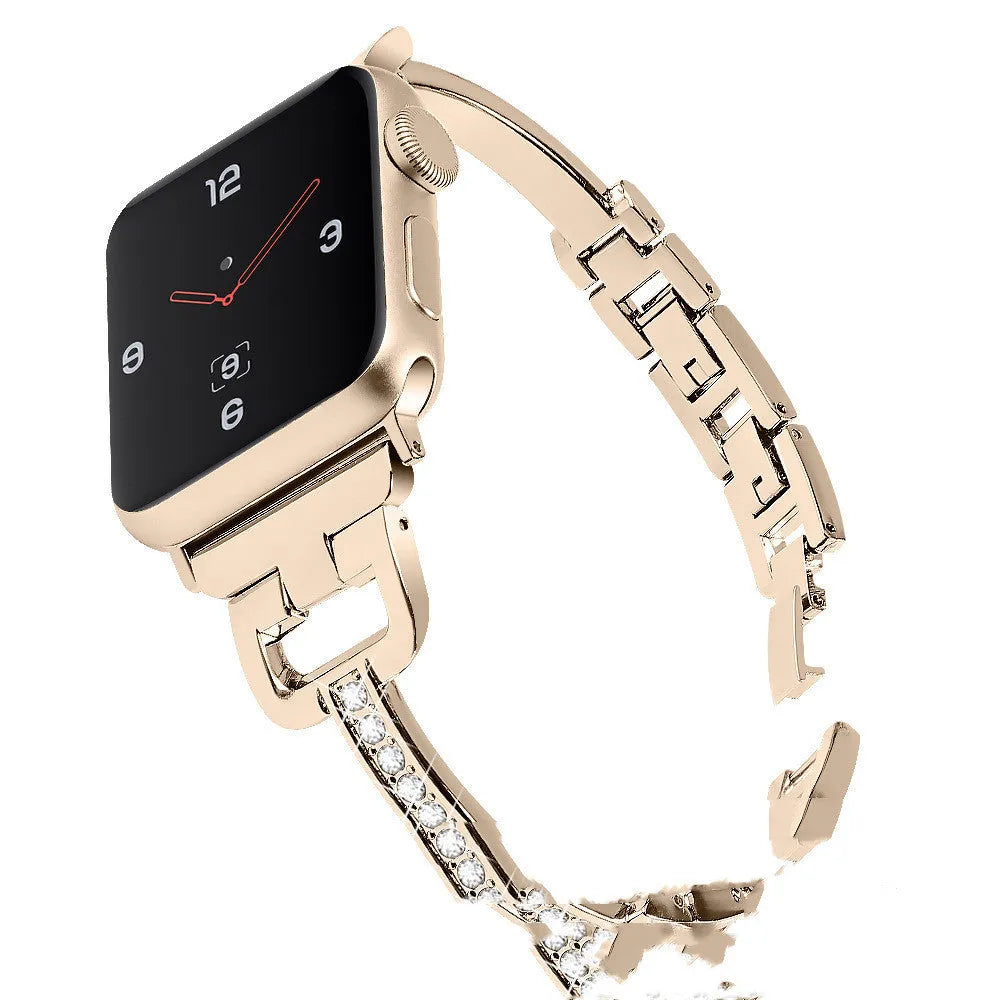 D-shaped metal and crystal watch strap for Apple Watch in rose gold colour.