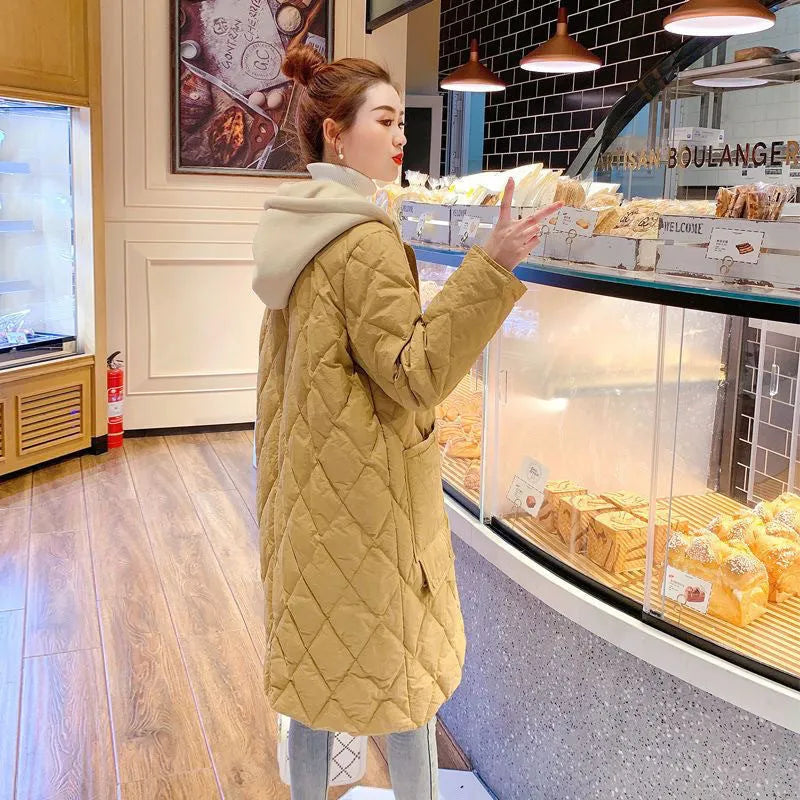Women's over-the-knee rhombus plaid hooded jacket, loose fit, flight sleeves, Ginger Yellow colour