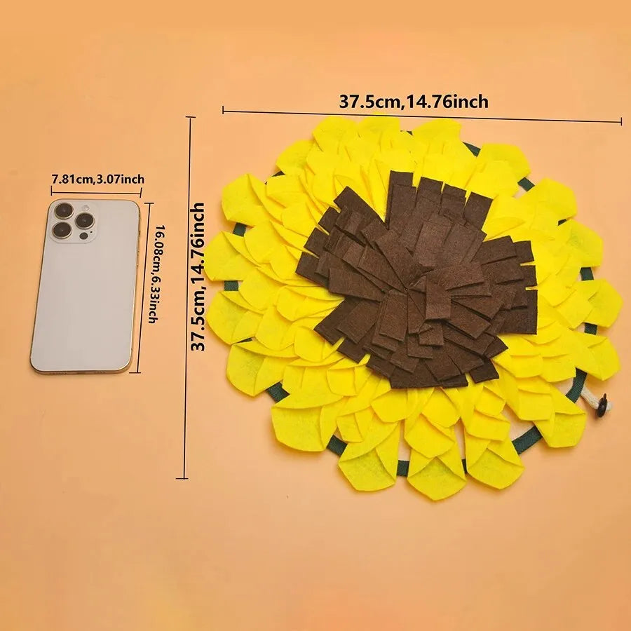 Yellow sunflower-shaped dog snuffle mat measuring 37.5cm with rope and buckle anti-slip design