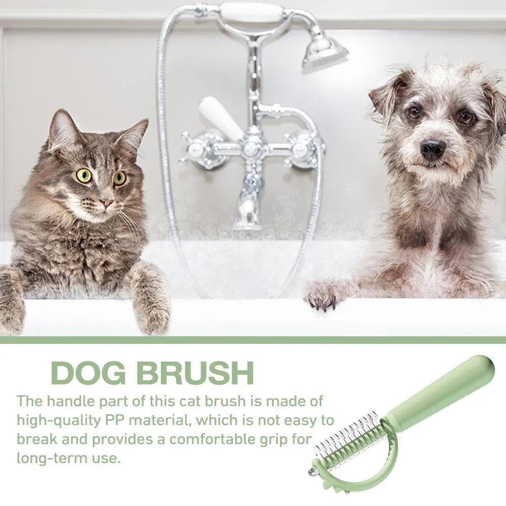 Blue dinosaur-shaped self-cleaning cat brush with double-sided stainless steel pins.