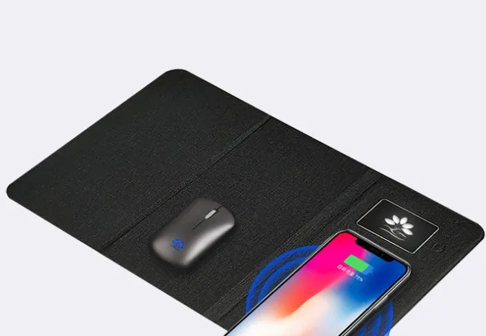 Folding wireless charging mouse pad set with Bluetooth mouse showing folded and open configurations