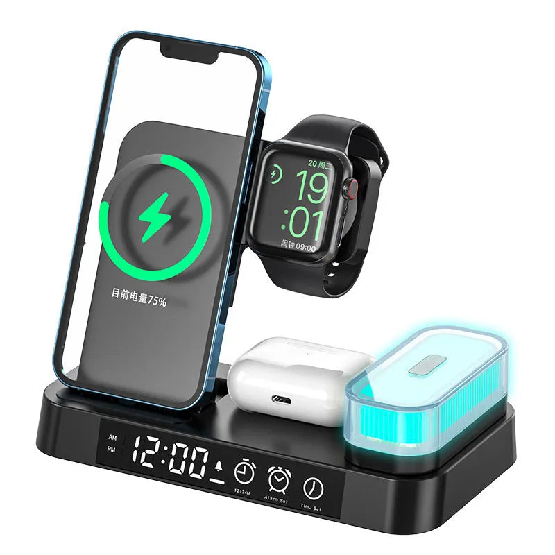 Foldable wireless charging station showing alarm clock display, RGB night light, and phone charging surface