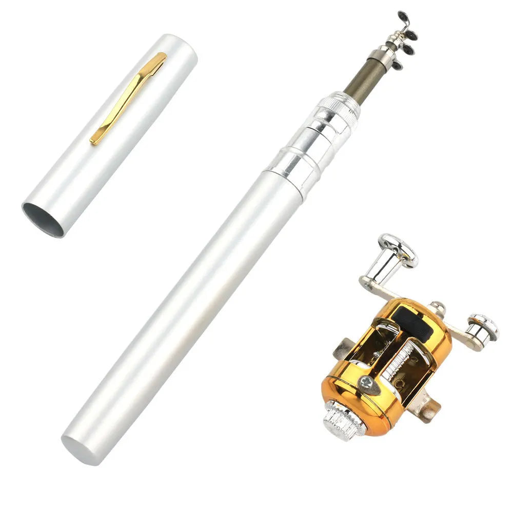 Portable pen fishing rod kit showing telescopic rod extended to 1m and collapsed in aluminium case with fishing wheel