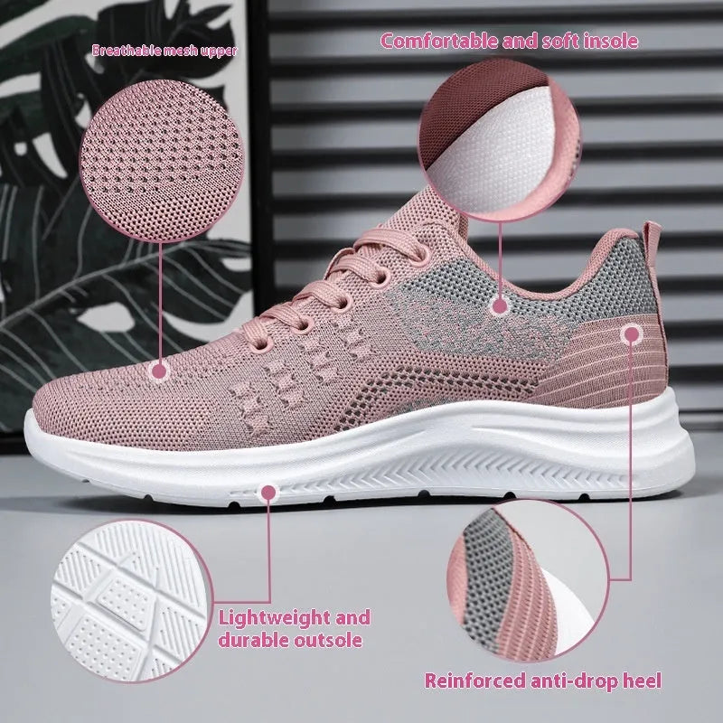 Women's black mesh sneakers with round toe and front lace-up design on soft PVC sole