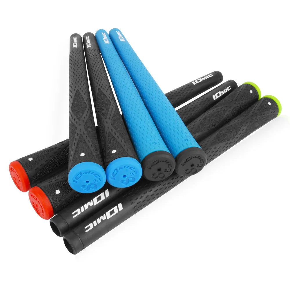TPE golf club grip showing non-slip texture in multiple colour options including pink, blue, white and two-tone combinations