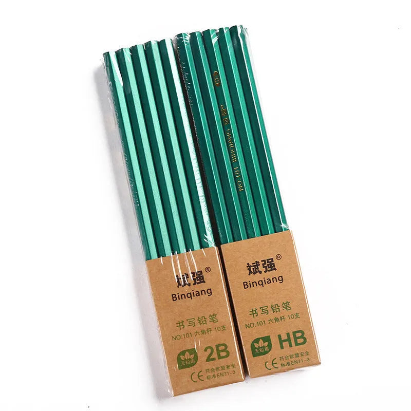 Box of ten green hexagonal pencils with HB and 2B graphite grades for writing and sketching.