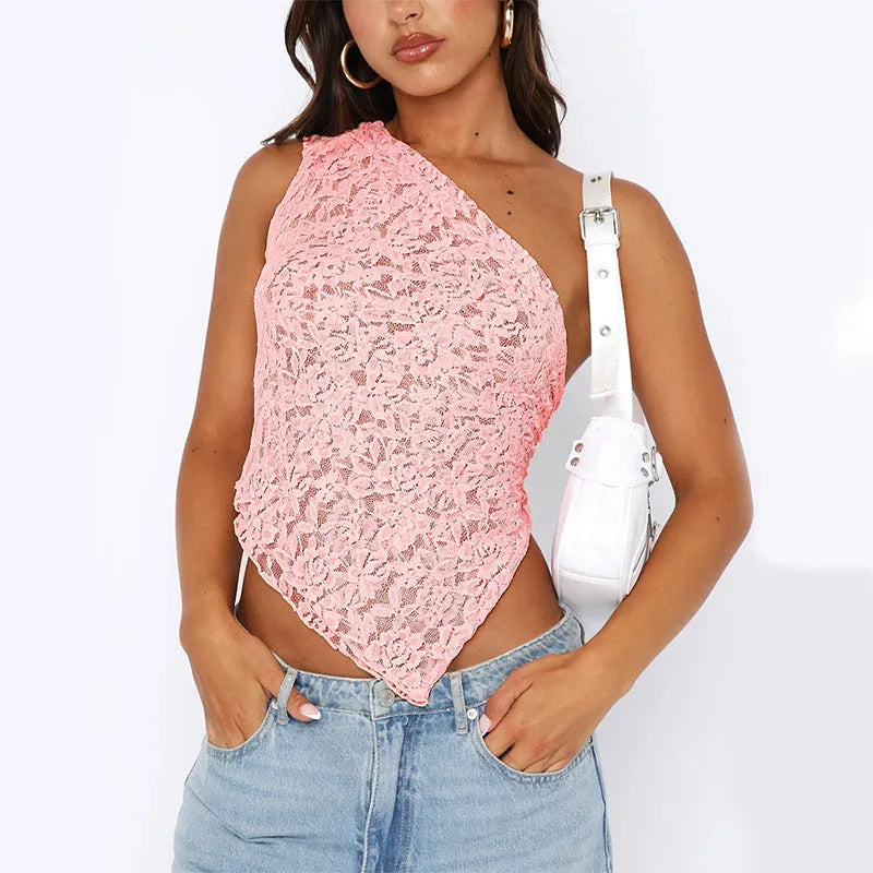 Women's lace backless sleeveless vest with asymmetrical neckline in solid colour