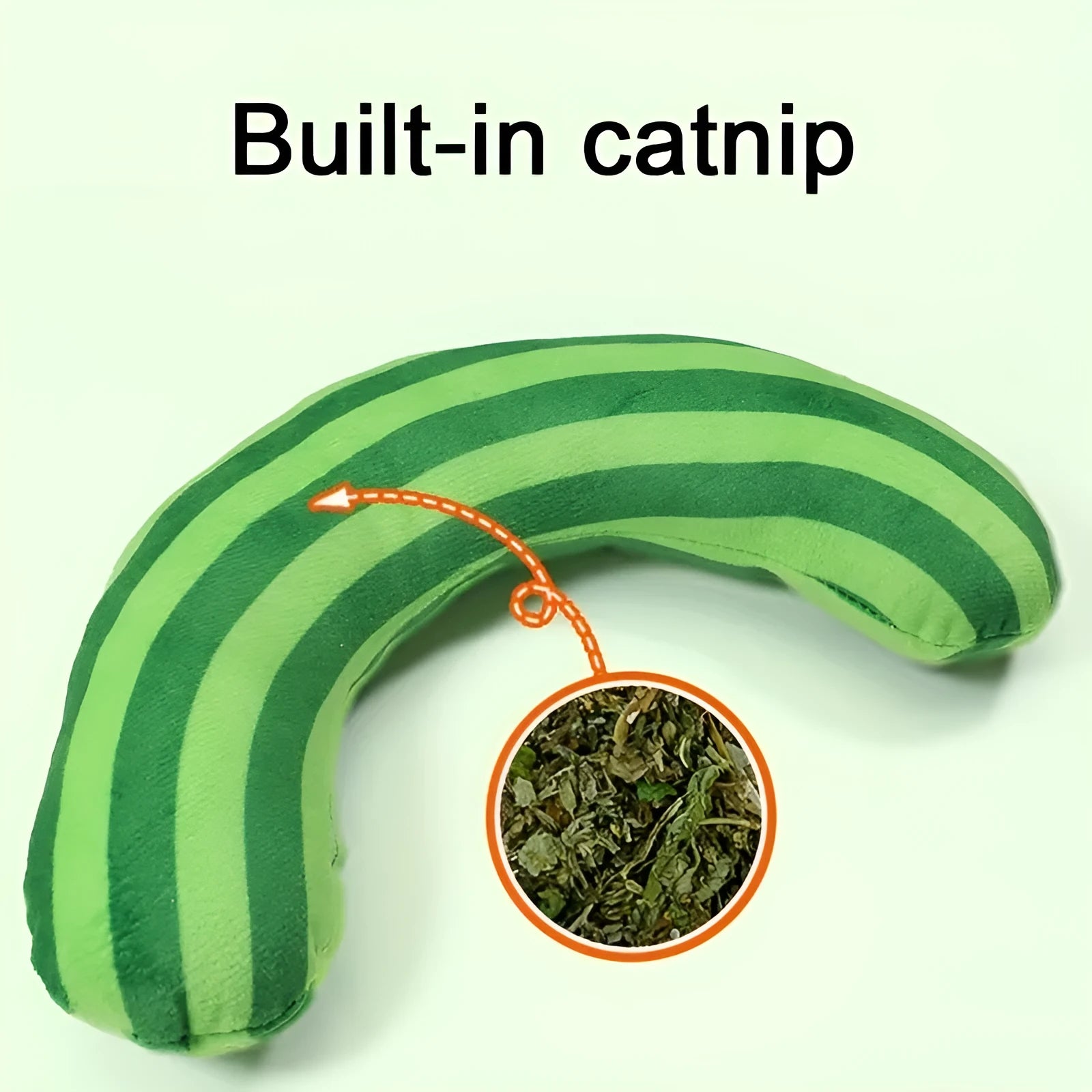 Cat toy set showing noise-making toy with catnip strip and striped pattern cat pillow in green, rainbow, or yellow