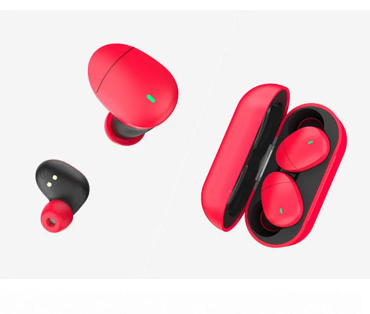 Flame Red Qualcomm TWS 3040 bilateral wireless Bluetooth earphones with charging cable