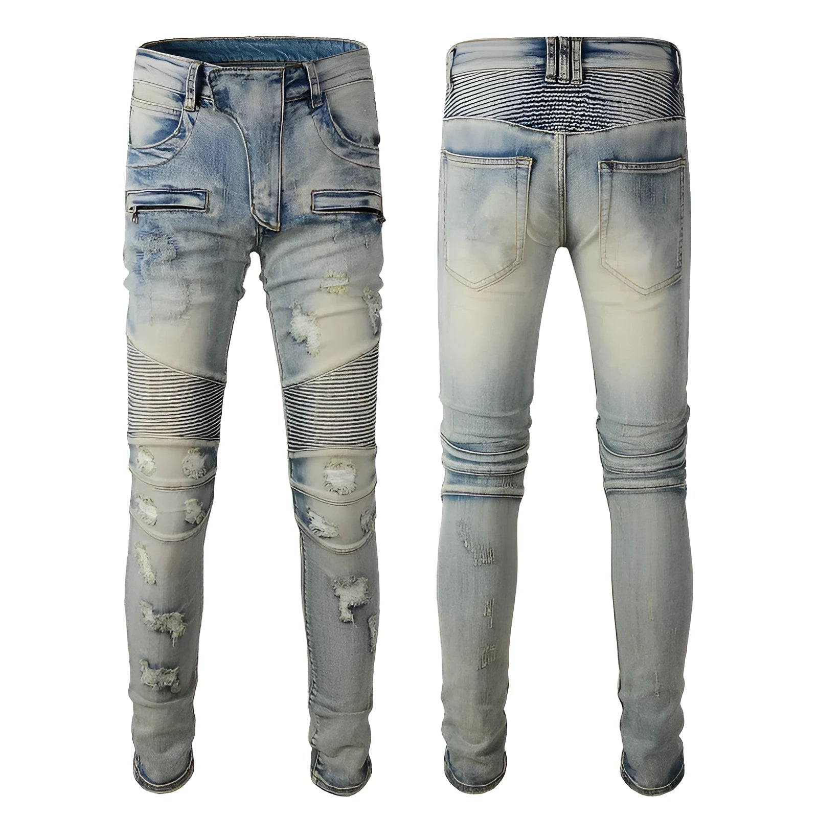 Men's light blue distressed slim stretch jeans with hand-frayed detailing