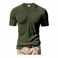 Men's loose V-neck short sleeve polyester top in black, gray, army green, denim blue or apricot, sizes S to XXXL.
