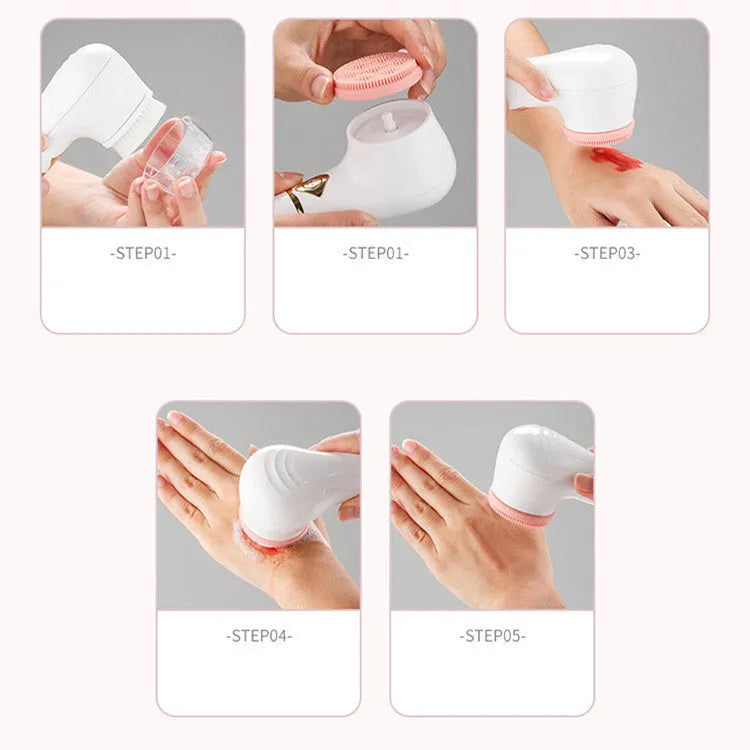 White electric facial cleanser with vibration for pore cleaning, battery operated, compact size, USB option