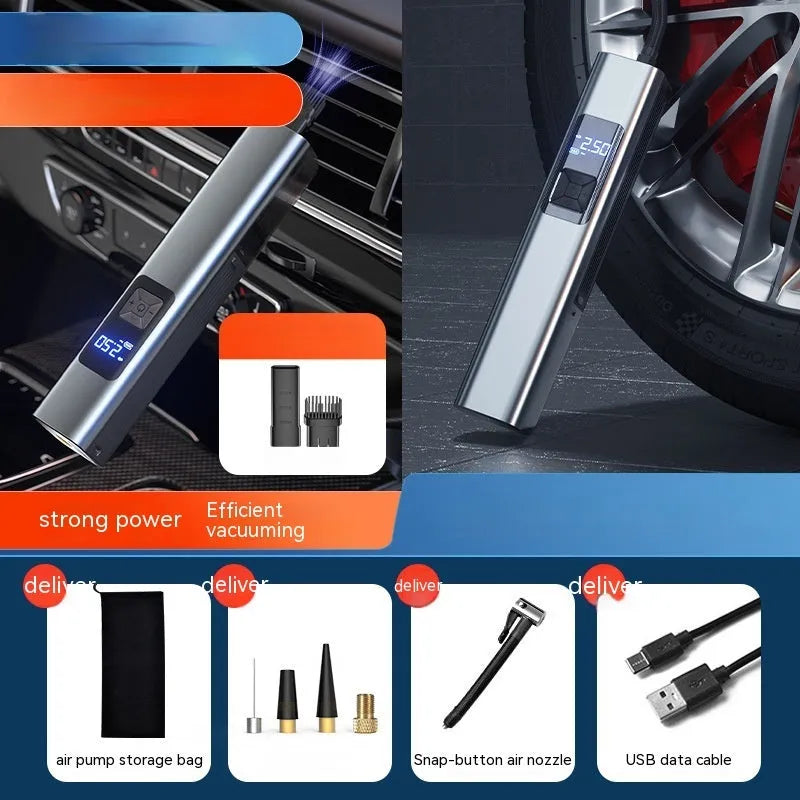 Wireless car air pump and vacuum cleaner with digital display and compact portable design