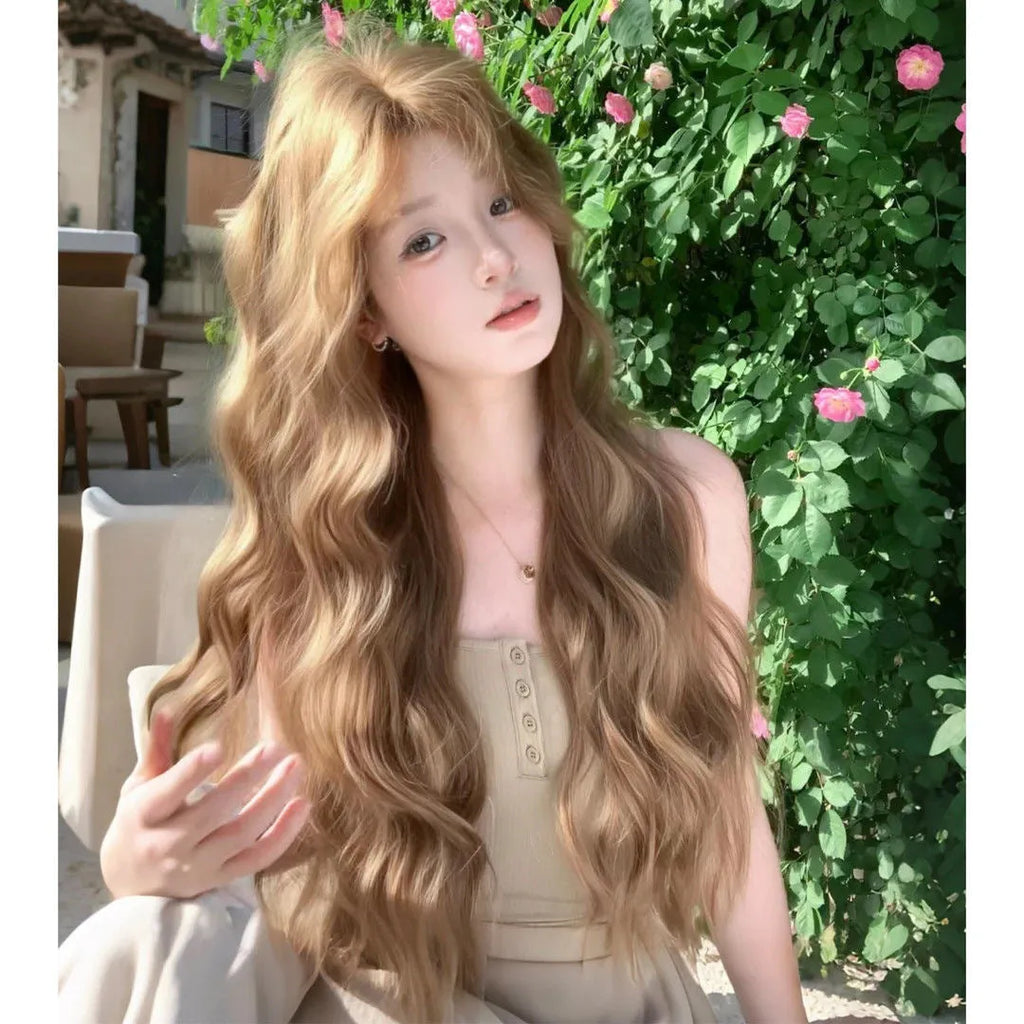 Linen brown long curly lace front wig with mechanism construction and high temperature fibre synthetic hair