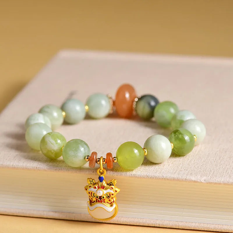 Green milk-in-water Xingshi pendant on handmade jade bracelet with 10mm geometric beads