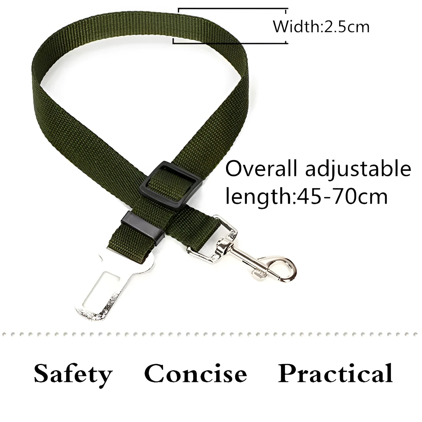 Black dog car seat belt with metal clip and adjustable polyester webbing on car seat
