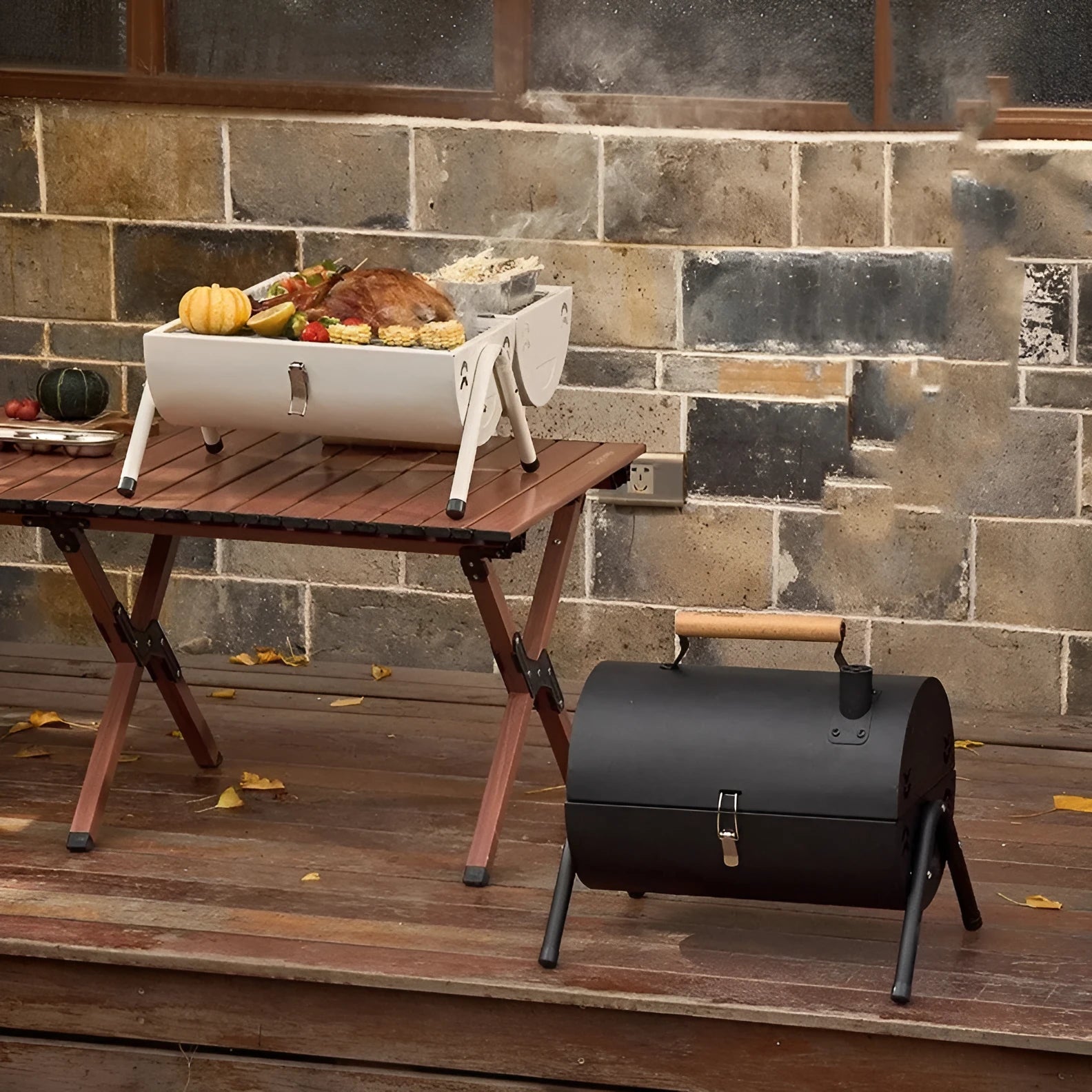 White portable folding grill with round chimney oven baking net and carbon tank configuration