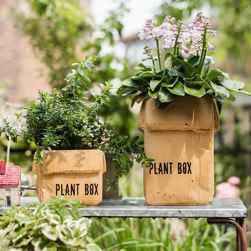 Cement brown paper box flowerpot with bottom drainage hole in Nordic style