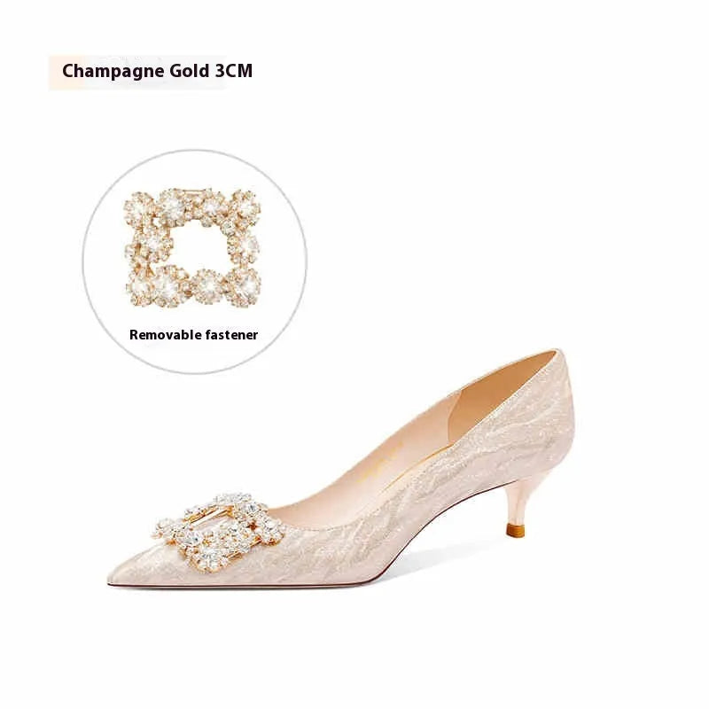 Champagne Gold pointed-toe high heel pumps with rhinestone and sequin decorations on a stiletto heel.