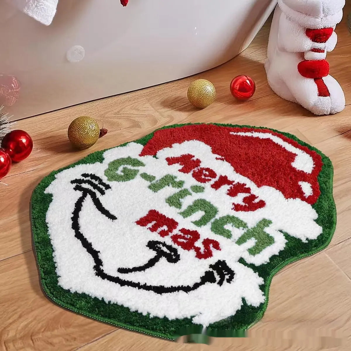Christmas-themed hallway mat with festive patterns including Santa Claus design and non-slip bottom