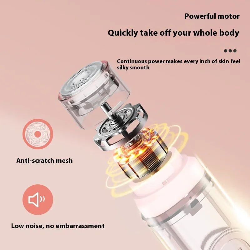 White and pink portable electric depilator with floating shaver blade and USB charging cable.