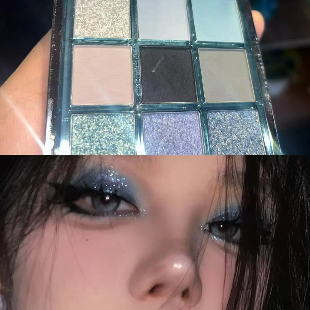 MUGELEEN nine-colour eye shadow palette showing low saturation blue and smoked shades