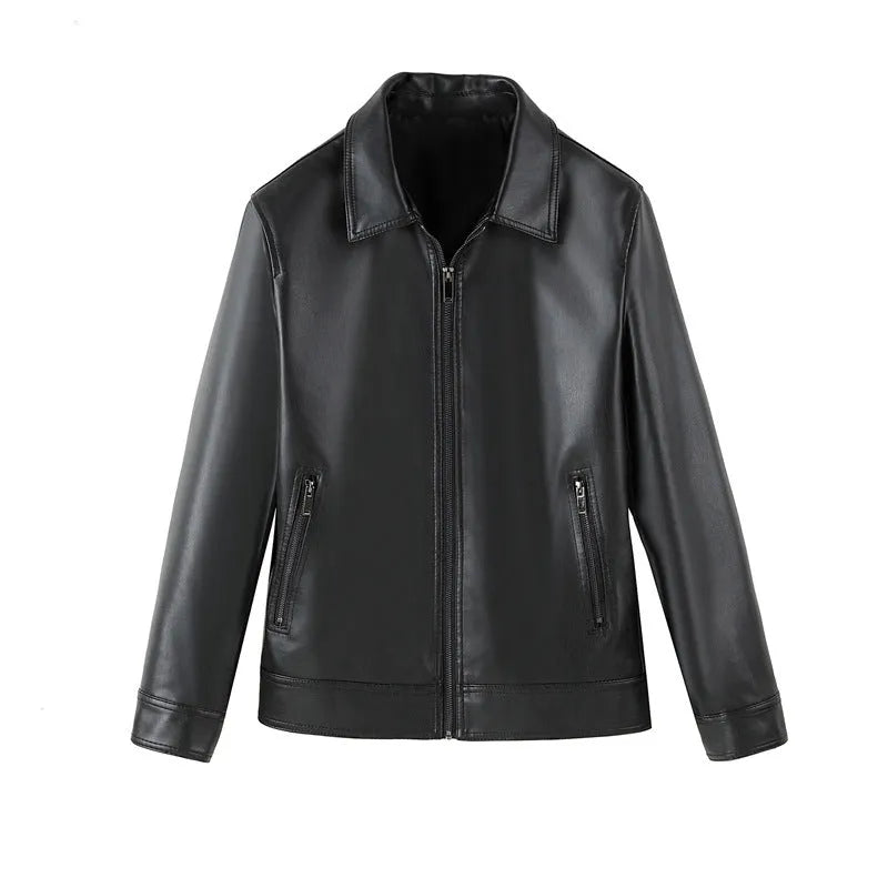 Men's black PU leather casual jacket with zip-up front and zipper pockets.