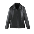 Men's black PU leather casual jacket with zip-up front and zipper pockets.