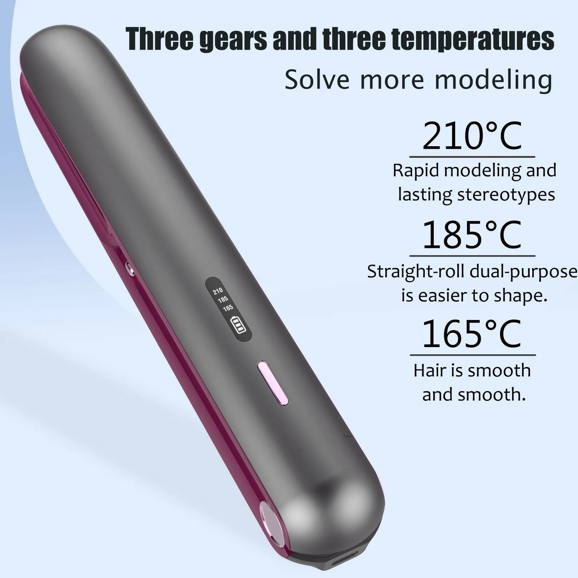 Moon shadow grey wireless hair straightener with tourmaline ceramic plates on a grey background.