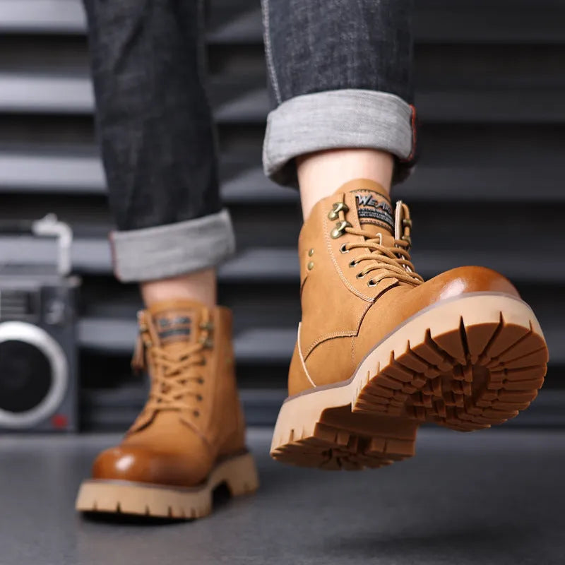 Men's brown leather high-top Martin boots with side zipper and round toe