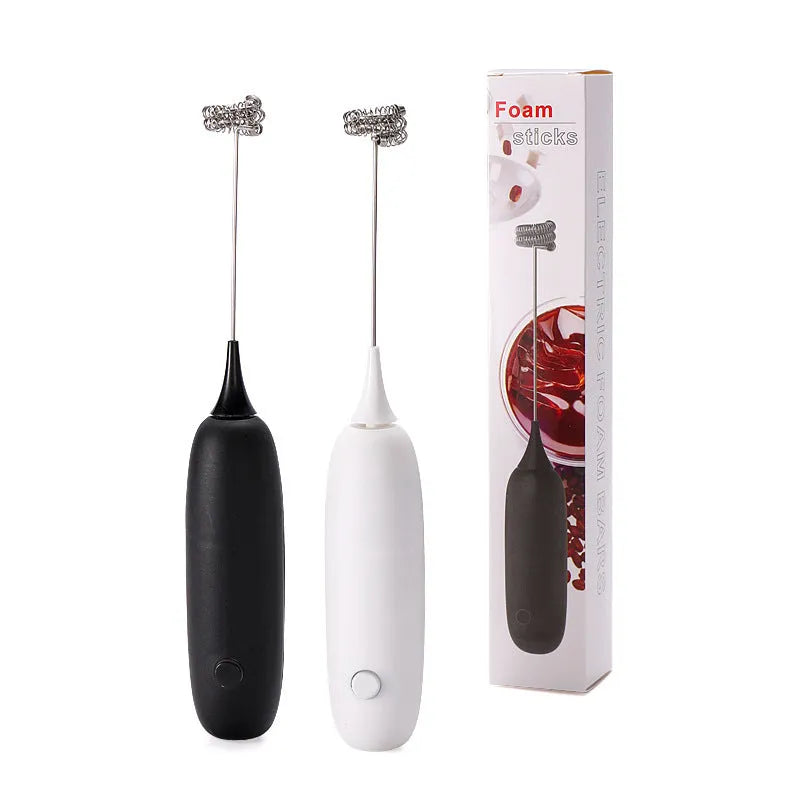 Black and white hand-held electric milk frother blender modern simplicity design