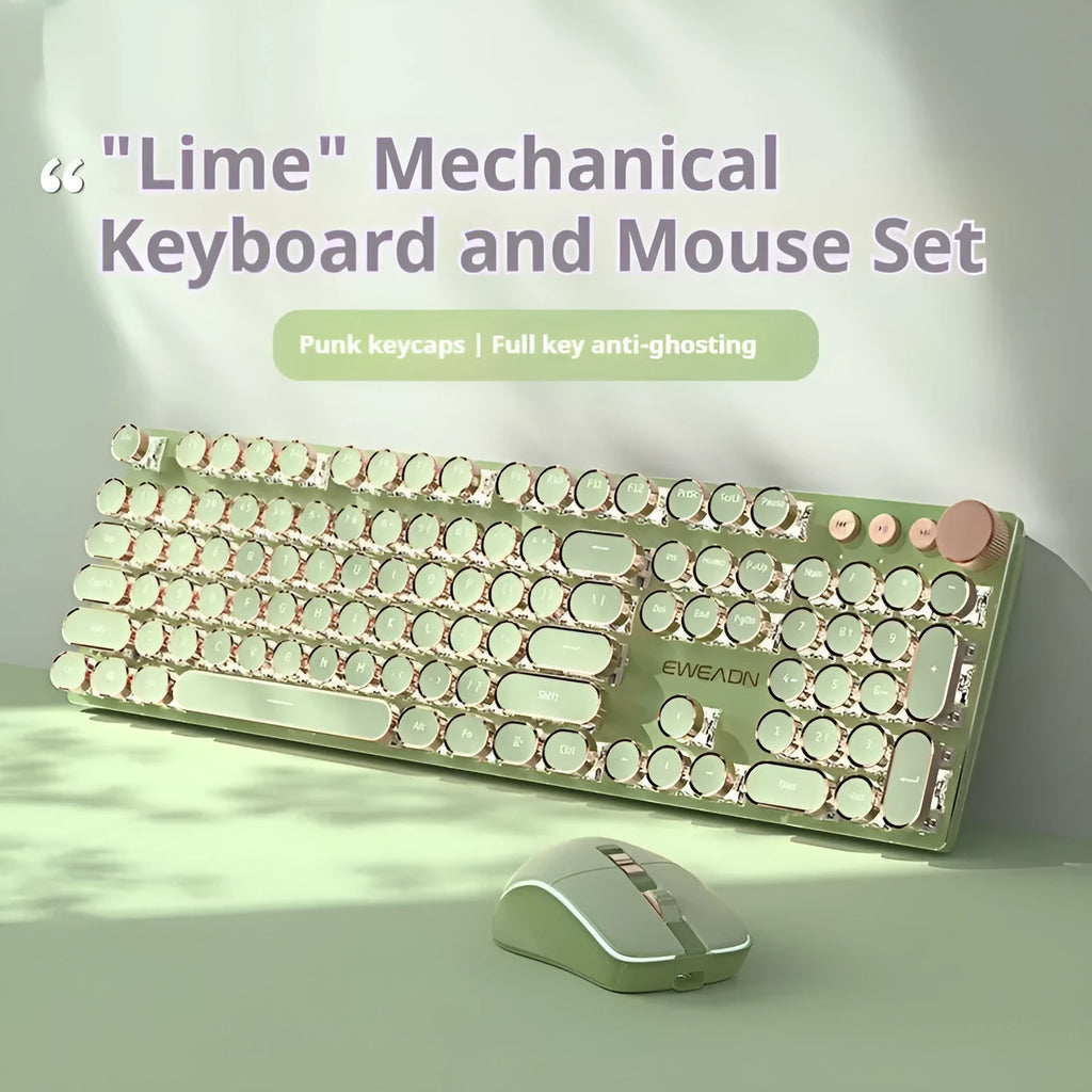 Mechanical keyboard with aluminium panel, white backlighting, and multifunction knob in matcha green colour