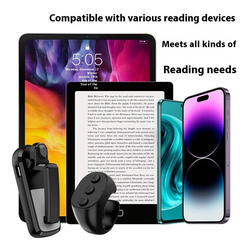 Wireless page turner remote control with clicker, available in black, white, and pink colours.