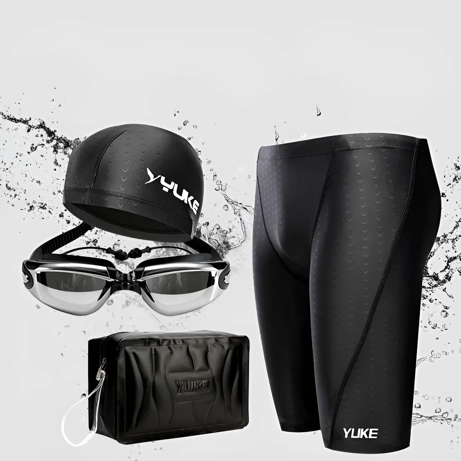 Men's black five-piece swimming set showing trunks, goggles, cap, ear plug nose clip and swimming bag