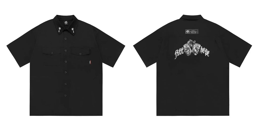 Men's black cotton blend embroidered work shirt with half sleeves and loose fit design