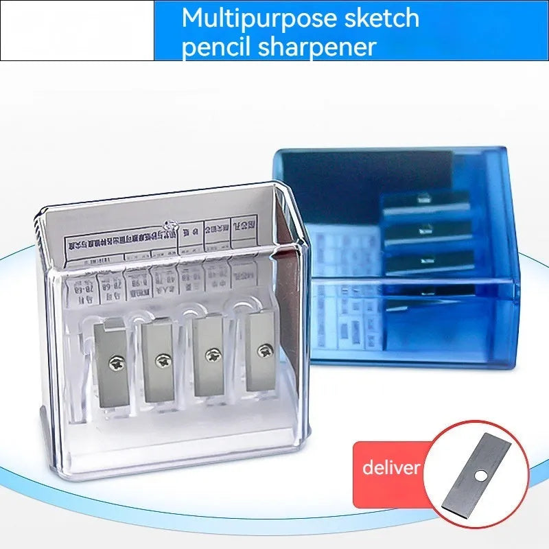 Geometric four-hole pencil sharpener with plastic construction and included screwdriver