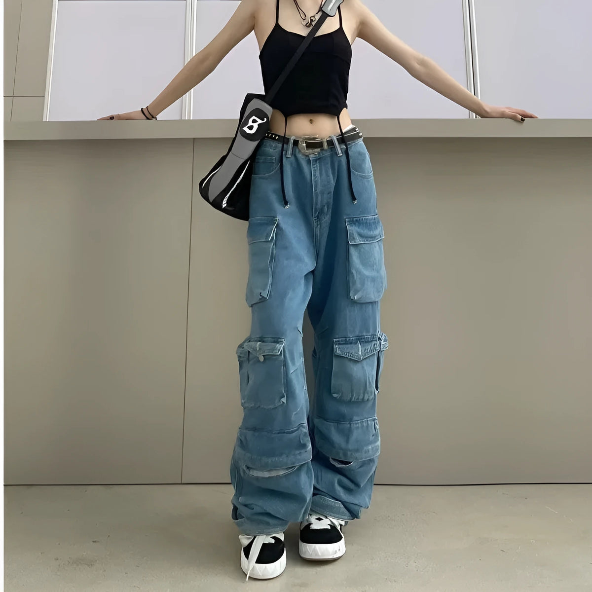Women's high waist wide leg jeans in tie-dyed denim with multiple pockets and street hipster styling
