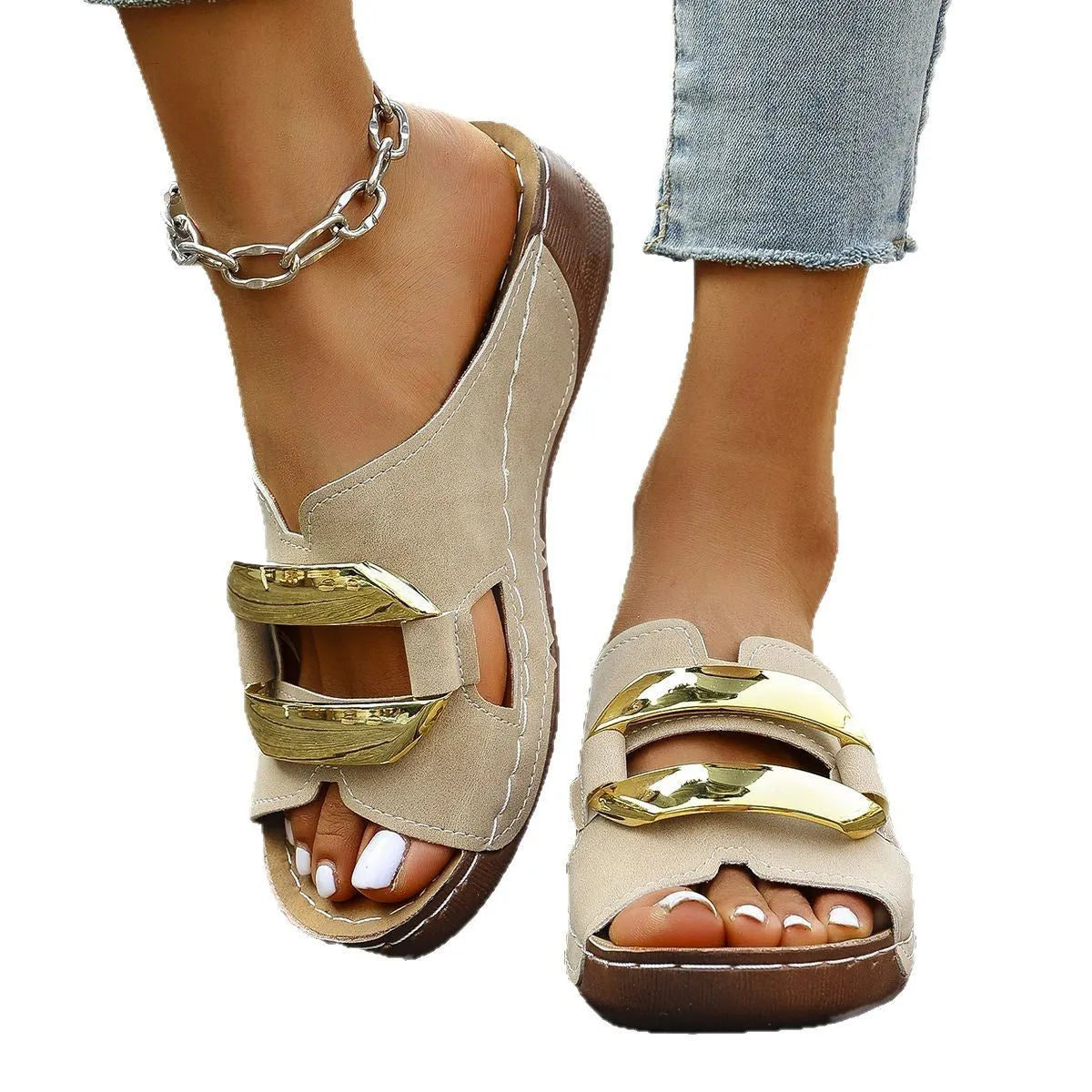 Men's white Roman-style platform sandals with an artificial PU upper and rubber sole on a plain background.