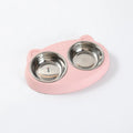 Blue macaron-shaped plastic pet feeder tray with two bowls for food and water