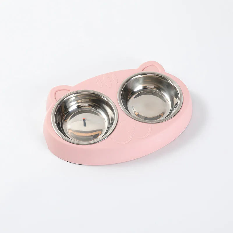 Blue macaron-shaped plastic pet feeder tray with two bowls for food and water