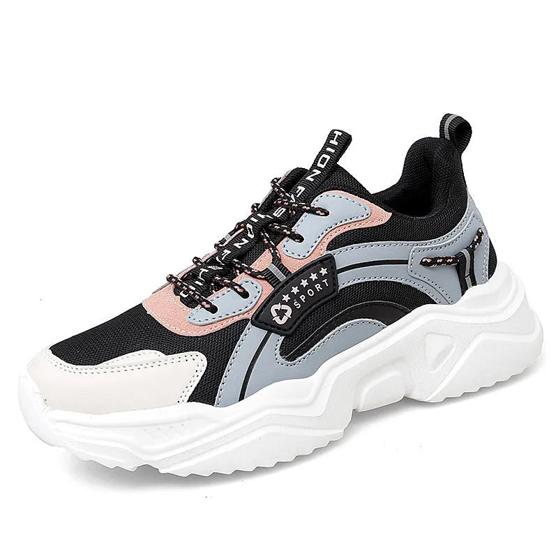 Women's white mesh casual sports shoes with thick sole and buckle fastening