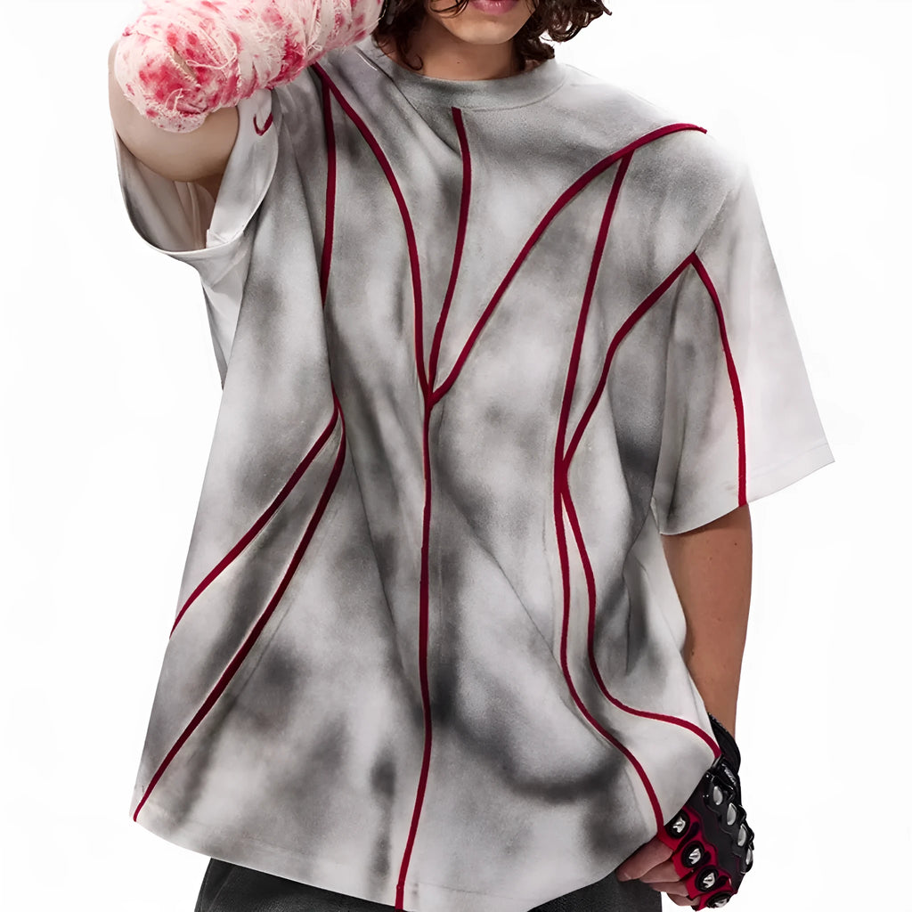 Padded shoulder short sleeve T-shirt with three-dimensional line patchwork round neck