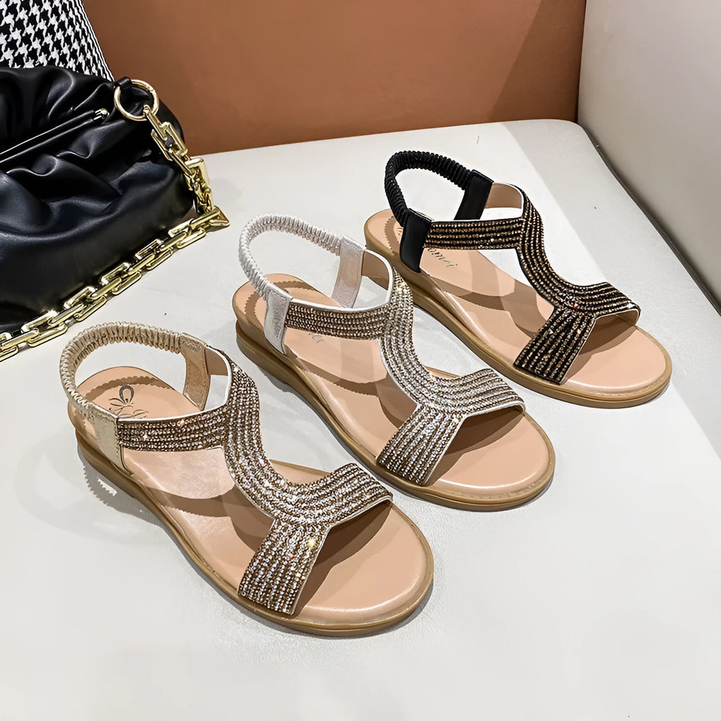 Women's gold patent leather beach sandals with rhinestone decoration and round toe design