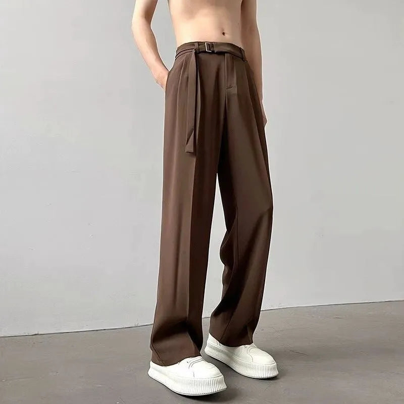Black straight leg loose fit casual trousers with non-ironing chemical blend fabric