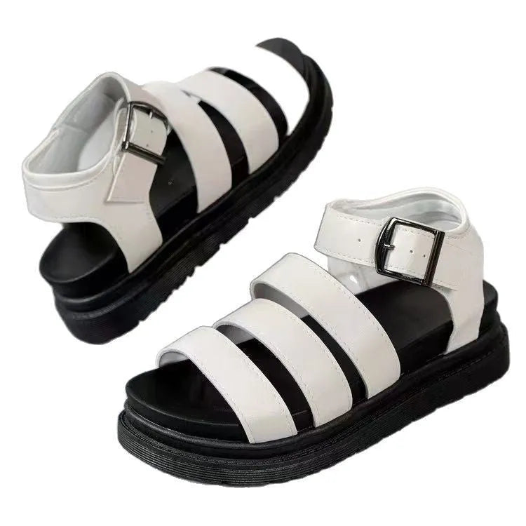 Men's black strap buckle sandals with thick rubber sole and fish mouth toe.