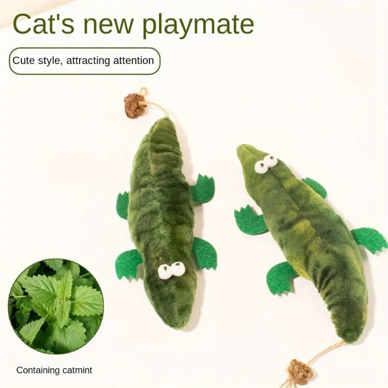 Green plush alligator catnip toy for stress relief and oral cleansing